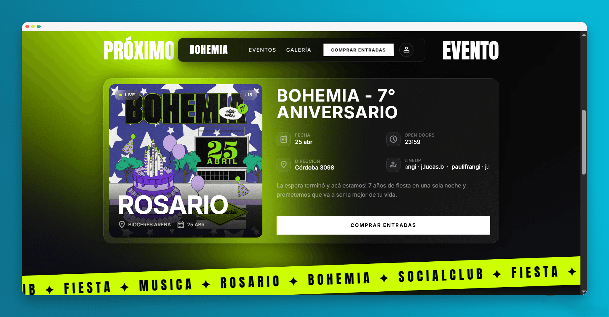 Bohemia home page showing the next event with its date, venue, lineup and ticket purchase button.