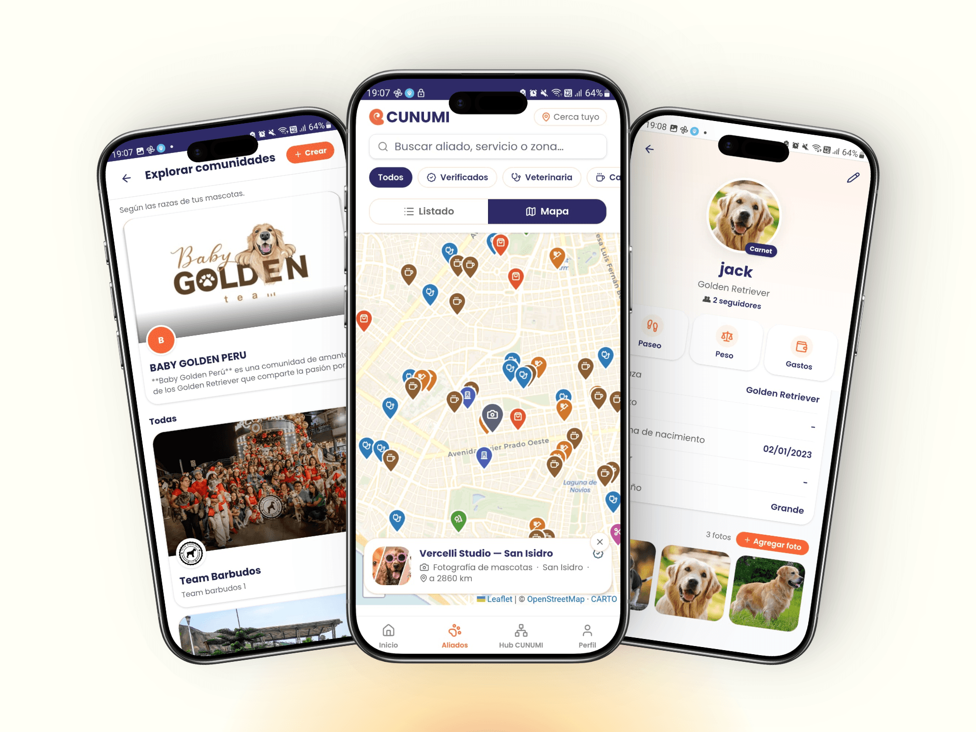 Three phone screens from CUNUMI: community browser, allied businesses map and a pet profile.